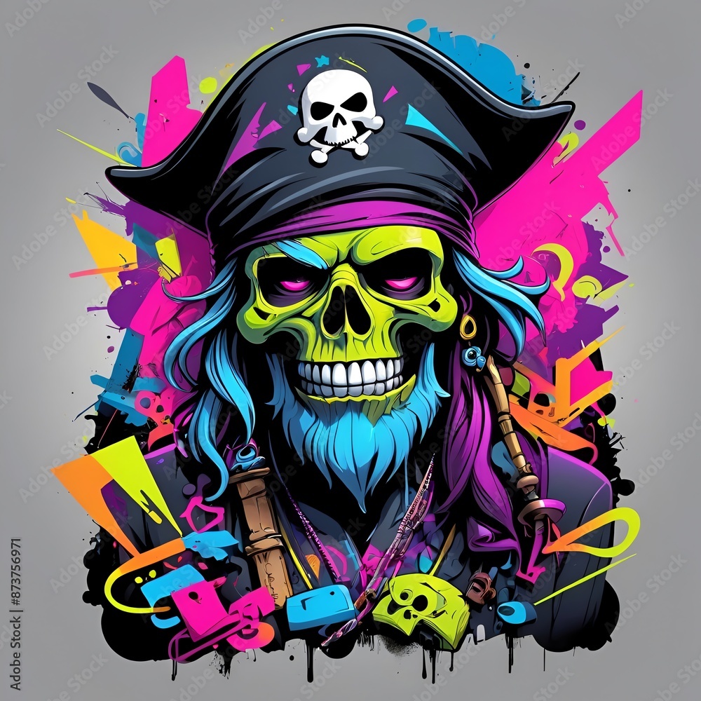 A colorful skull with a pirate's hat and beard A colorful skull with a pirate's hat and beard