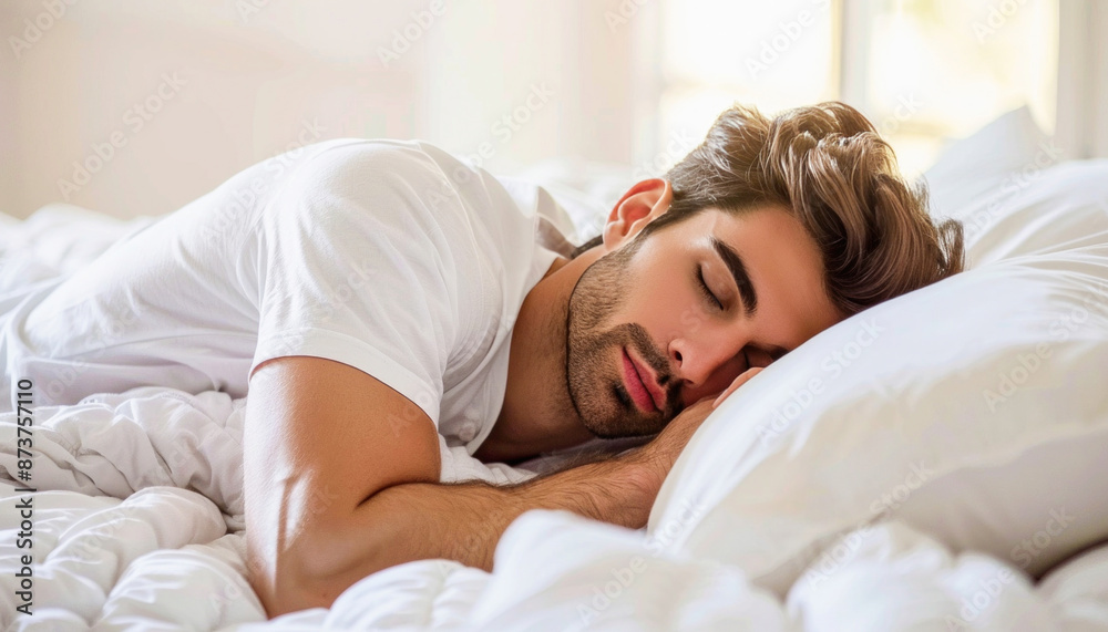 A man peacefully lies on a bed, surrounded by white sheets and pillows, showing comfort A man peacefully lies on a bed, surrounded by white sheets and pillows, showing comfort
