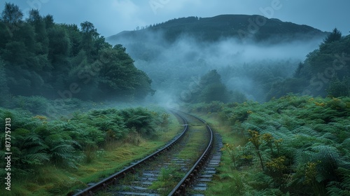 A misty,  winding railway track disappears into a dense forest and a foggy mountain range. photo