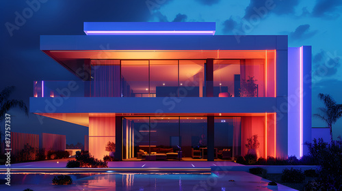 Abstract architectural template with neon lighting,Abstract 3d render, modern colorful space, background design,3d rendering of a modern interior with neon lights and bar counter
