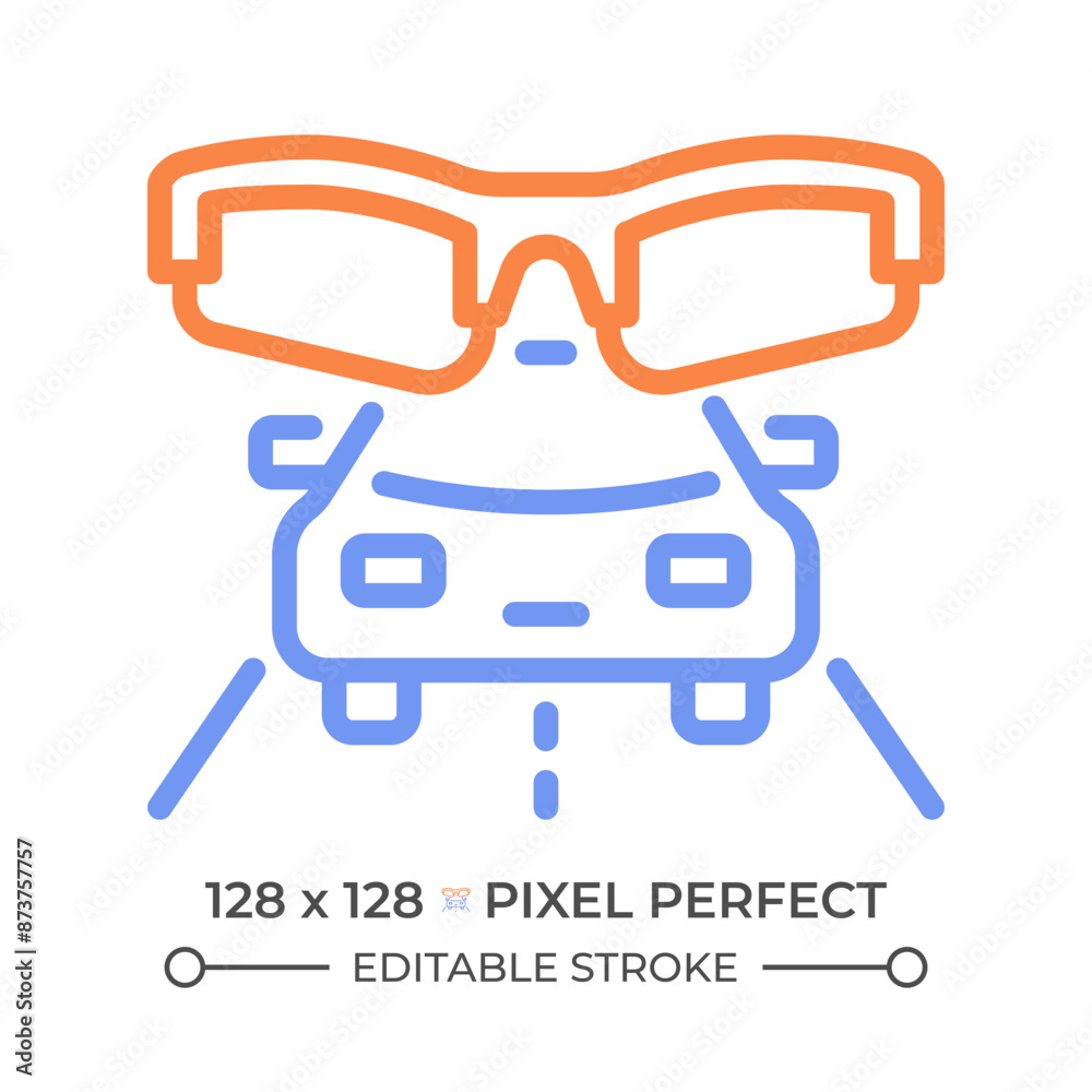 Car and eyeglasses two color line icon. Auto driving sunglasses. Eye protection, driving safety and travel bicolor outline symbol. Duotone linear pictogram. Isolated illustration. Editable stroke Car and eyeglasses two color line icon. Auto driving sunglasses. Eye protection, driving safety and travel bicolor outline symbol. Duotone linear pictogram. Isolated illustration. Editable stroke