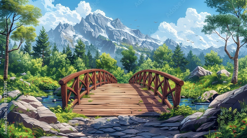 Naklejka premium Cartoon Style Wooden Bridge Design