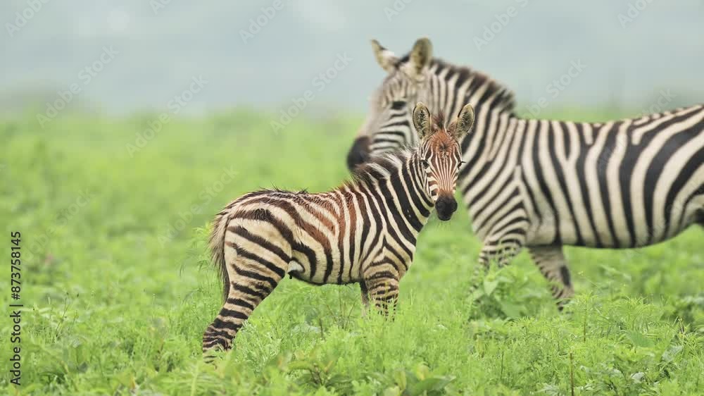Baby Animals Shot of Zebra and Mother in Africa in Serengeti National Park in Tanzania, Cute Young Zebra Calf in Calving Season in Lush Green Grass and Greenery on African Wildlife Animals Safari Baby Animals Shot of Zebra and Mother in Africa in Serengeti National Park in Tanzania, Cute Young Zebra Calf in Calving Season in Lush Green Grass and Greenery on African Wildlife Animals Safari