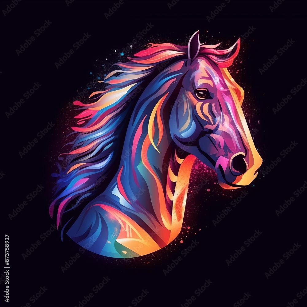 The horses head is depicted in a vibrant and dynamic multicolor abstract painting set against a dark background The horses head is depicted in a vibrant and dynamic multicolor abstract painting set against a dark background