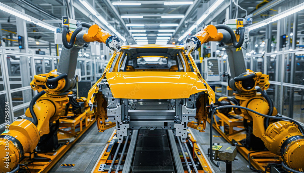 The production of a motor vehicle is underway at a factory with the help of robots The production of a motor vehicle is underway at a factory with the help of robots