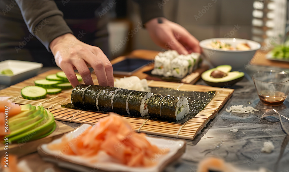 Fototapeta premium A person is preparing a sushi roll using a bamboo rolling mat.