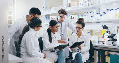 Tablet, science team and people learning for cancer cure, help or medical development in laboratory. Training, investigation or research info with scientists in clinical trial for medicine internship