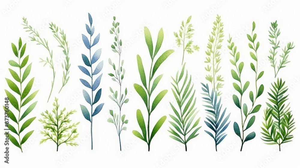 Obraz premium Vibrant botanical green banner featuring delicate watercolor flowers on a clean white backdrop.
