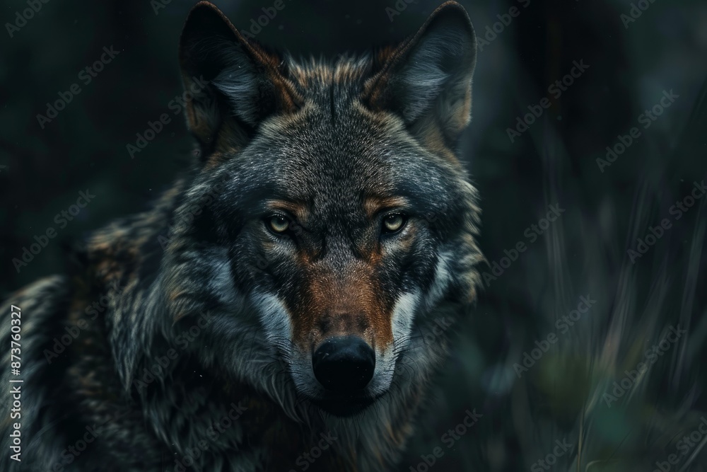 Fototapeta premium Closeup of a wolf's face with penetrating eyes amidst dark foliage