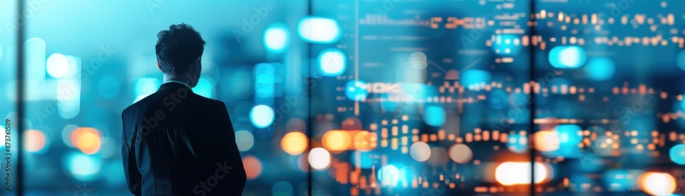Business professional in a modern office overlooking a city lit up with technology, symbolizing innovation and progress. Business professional in a modern office overlooking a city lit up with technology, symbolizing innovation and progress.