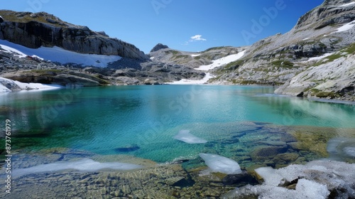 A pristine glacial lake formed by melted ice offering a serene and picturesque spot for an icy dip.