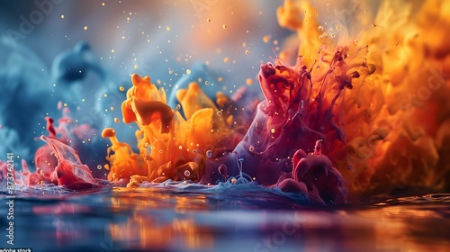 A splash of paint with a splash of water. The colors are bright and vibrant, creating a sense of energy and excitement. The image captures the moment of the paint splashing into the water.