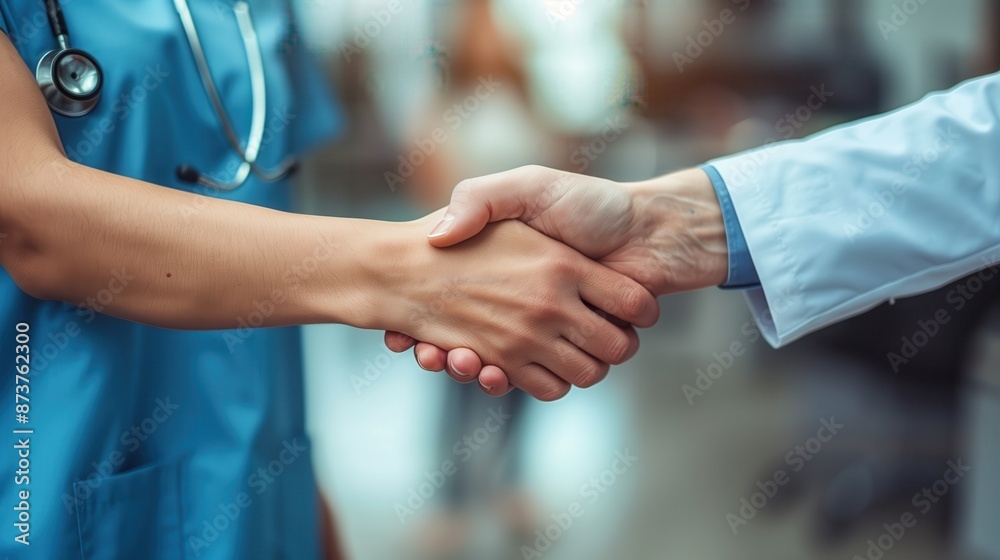 Healthcare professionals shaking hands in a hospital setting symbolizing collaboration and teamwork in the medical field. Healthcare professionals shaking hands in a hospital setting symbolizing collaboration and teamwork in the medical field.