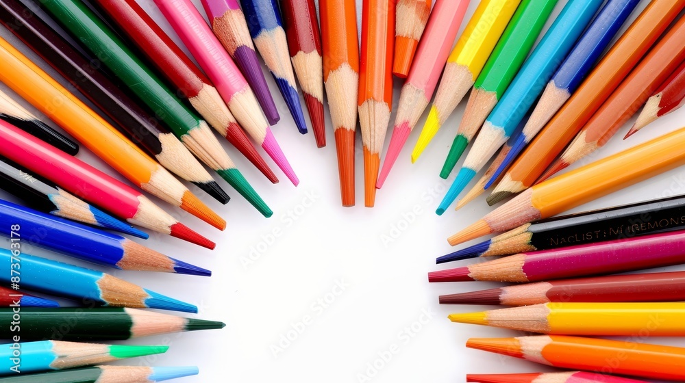A vibrant collection of colored pencils in a variety of hues arranged in a fan shape, surrounded by sketching tools like sharpeners and erasers, artistic setting A vibrant collection of colored pencils in a variety of hues arranged in a fan shape, surrounded by sketching tools like sharpeners and erasers, artistic setting