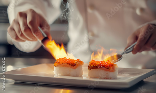 A sushi chef is searing two pieces of nigiri sushi with a kitchen torch.