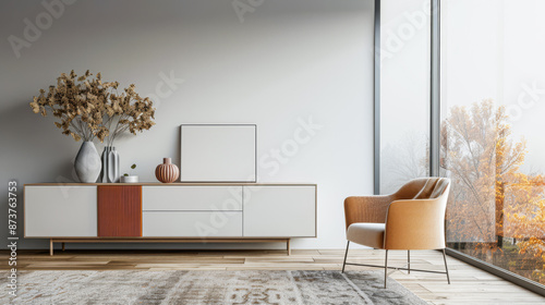 Minimalist living room interiors with a stylish sideboard next to a window in a residential interior design composition. Premium realty designer composition with copy space.