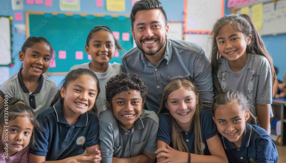 A group of children are happily posing for a picture with their teacher in a classroom setting A group of children are happily posing for a picture with their teacher in a classroom setting