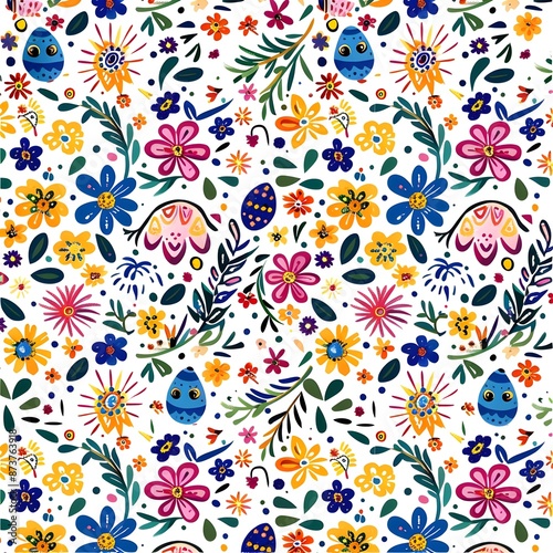 A colorful floral pattern with birds and flowers on a white background generative ai,

