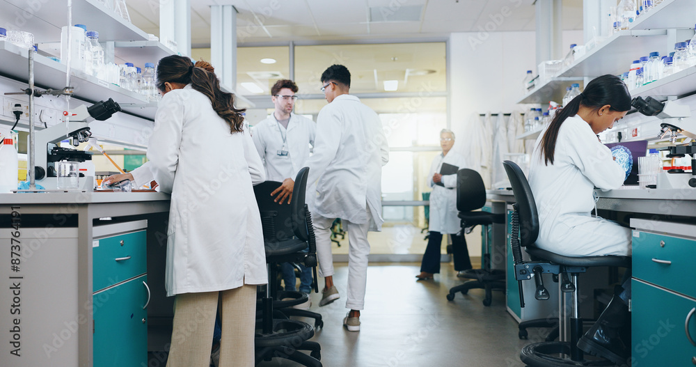 Innovation, science and group of people in laboratory for work on breakthrough, cure or development. Experiment, investigation and research with scientist team in clinical trial for medicine Innovation, science and group of people in laboratory for work on breakthrough, cure or development. Experiment, investigation and research with scientist team in clinical trial for medicine