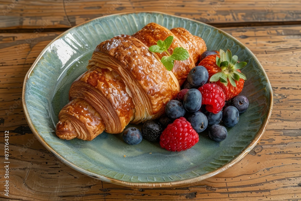 Golden croissant accompanied by strawberries, blueberries, and raspberries served on a ceramic plate Golden croissant accompanied by strawberries, blueberries, and raspberries served on a ceramic plate