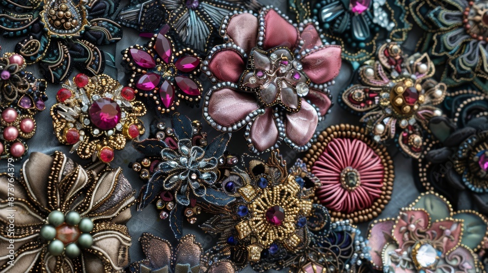 A collection of handcrafted brooches each one individually designed and made with a variety of materials such as crystals beads and fabric.