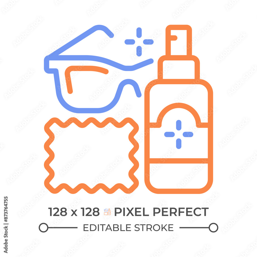 Obraz premium Eyeglasses cleaner two color line icon. Lens disinfecting. Cleaning equipment. Glasses maintenance bicolor outline symbol. Duotone linear pictogram. Isolated illustration. Editable stroke