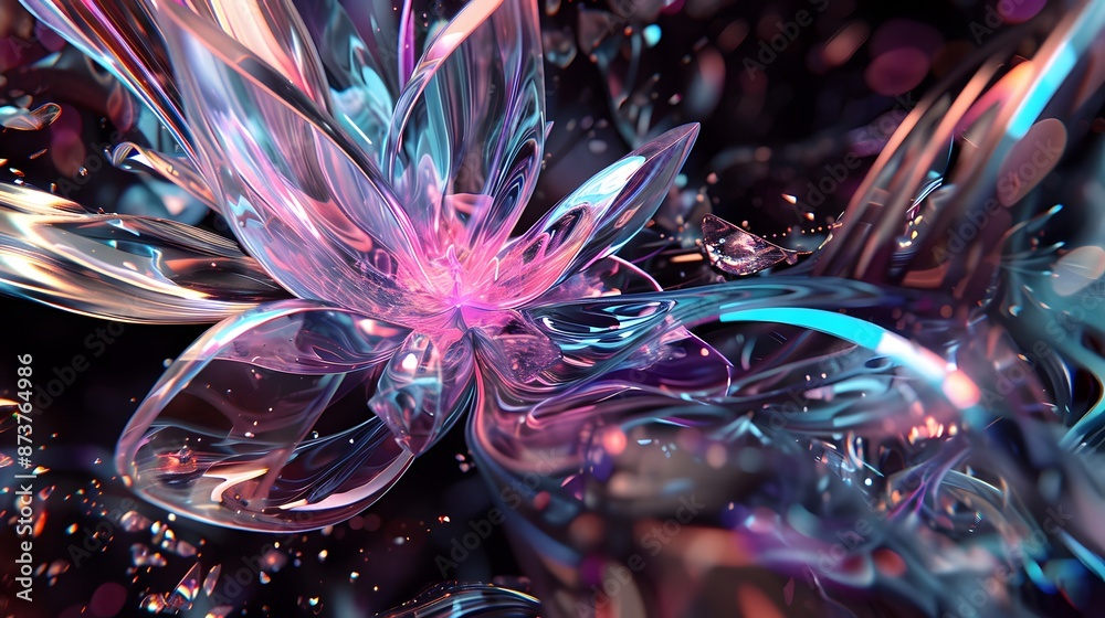 Vibrant 3d glass reflections creating a mesmerizing abstract image on a black backdrop, with a play of blue, pink, and purple hues. 