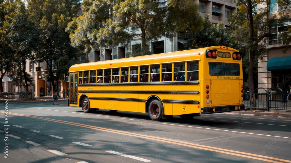 Bright yellow school bus filled with students, parked at a school, with vibrant surroundings, emphasizing transportation and student commute