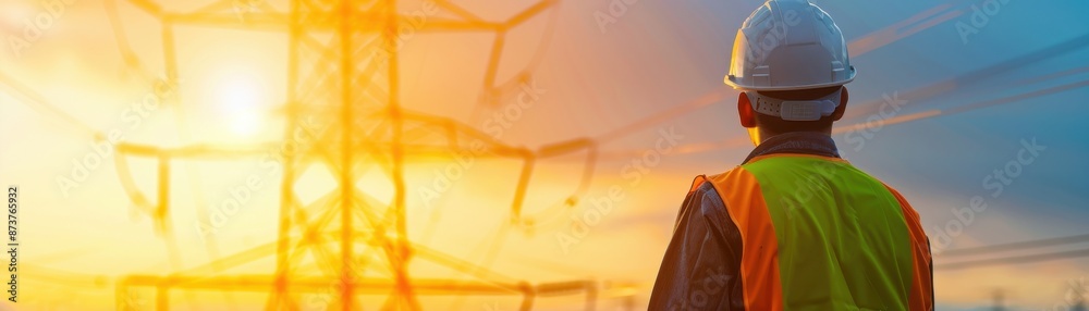 Engineer in safety gear assessing a power line during sunset, highlighting energy industry work, infrastructure, and safety protocols. Engineer in safety gear assessing a power line during sunset, highlighting energy industry work, infrastructure, and safety protocols.