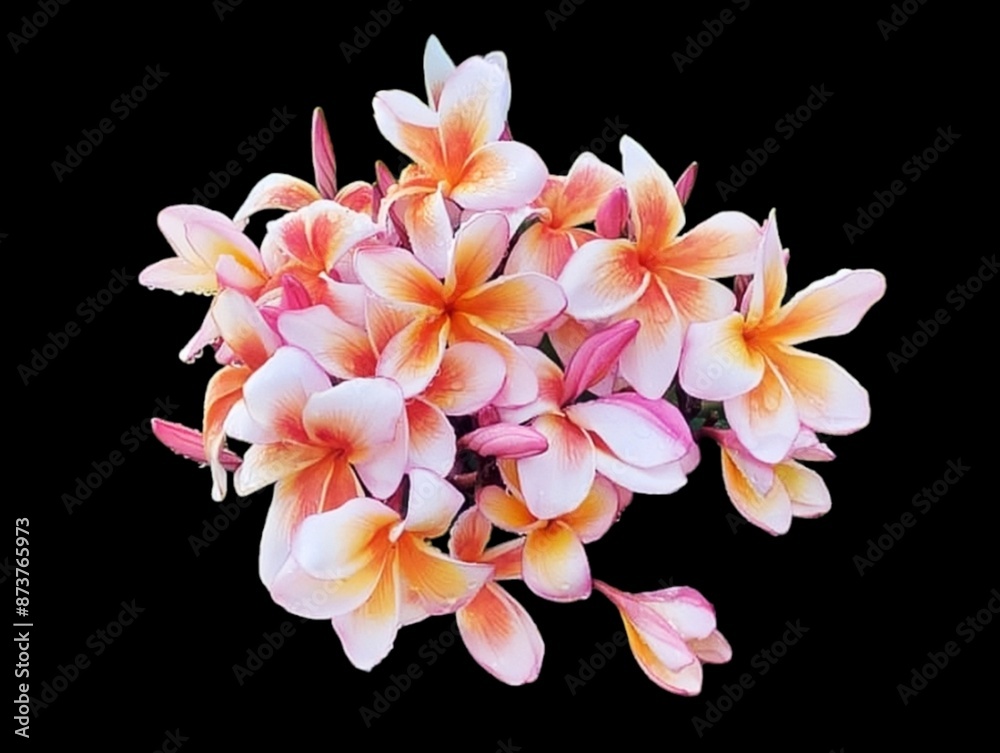 Fototapeta premium In the picture is a pink frangipani flower. It has flowers in bunches or large bouquets, both light and dark pink. The petals have five petals in one. The flowers have a light fragrance. They are grow