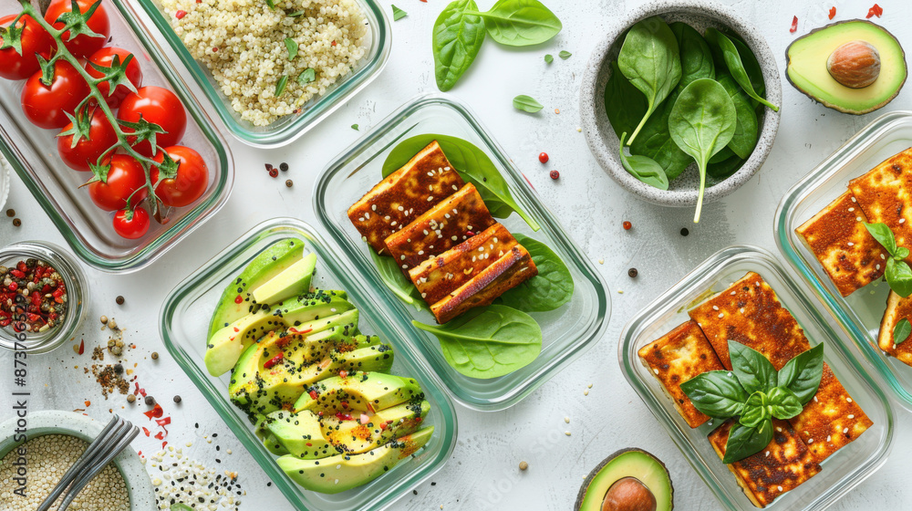 A colorful meal prep with glass containers featuring quinoa, roasted vegetables, grilled tofu, spinach, cherry tomatoes, and avocado slices A colorful meal prep with glass containers featuring quinoa, roasted vegetables, grilled tofu, spinach, cherry tomatoes, and avocado slices
