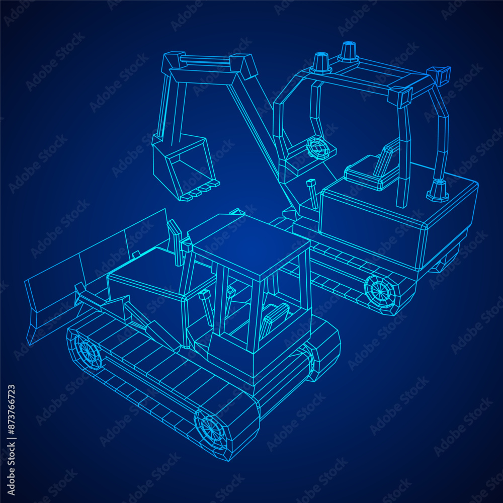 Heavy equipment excavator machine manufacturing power equipment for open pit mining. Wireframe low poly mesh vector illustration Heavy equipment excavator machine manufacturing power equipment for open pit mining. Wireframe low poly mesh vector illustration