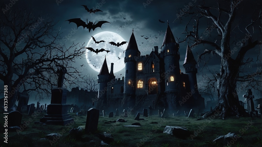 3d illustration of castle with full moon and graveyard background 3d illustration of castle with full moon and graveyard background