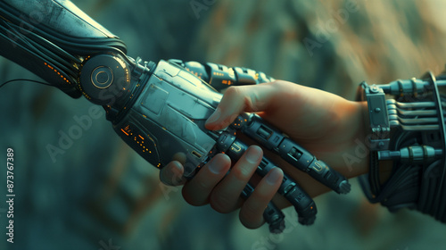 Human-Robot Handshake: Bridging Technology and Humanity. A powerful image depicting a human hand shaking hands with a robotic hand, symbolizing the connection and collaboration between humans and tech