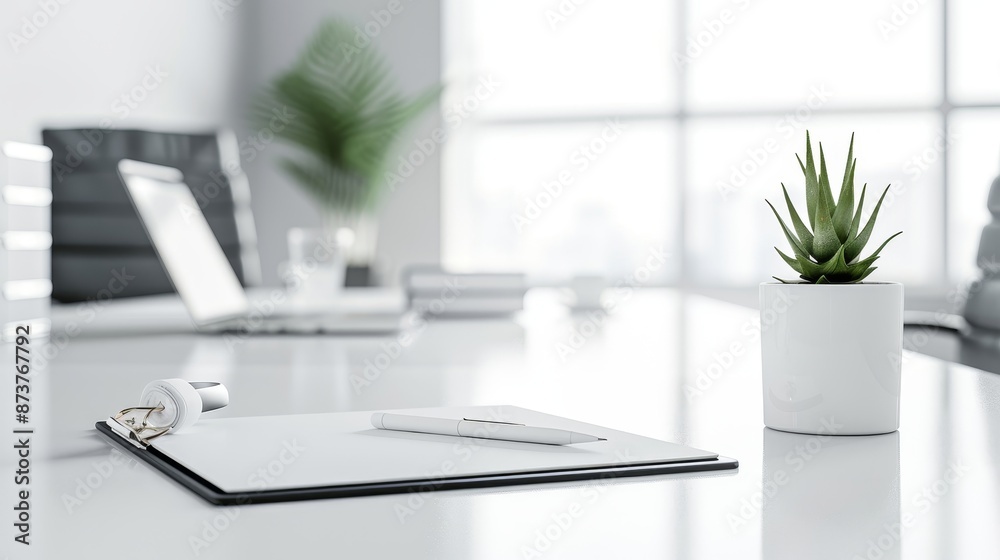 Contemporary office setting with a focus on clerical work, showcasing a tidy desk, organized supplies, and a professional atmosphere Contemporary office setting with a focus on clerical work, showcasing a tidy desk, organized supplies, and a professional atmosphere