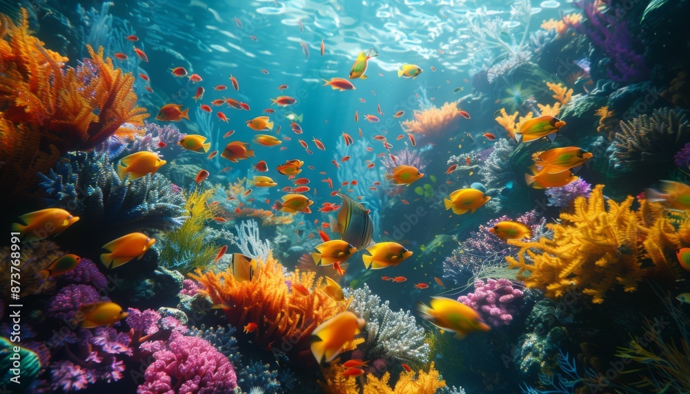 Exotic fish schooling in vibrant coral reef underwater summer paradise travel Exotic fish schooling in vibrant coral reef underwater summer paradise travel