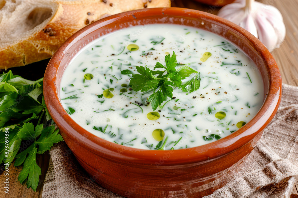 rustic garlic soup. AI generative. rustic garlic soup. AI generative.