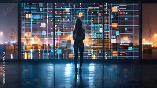 Silhouette of a person standing in front of a network of interconnected innovative logistics technology