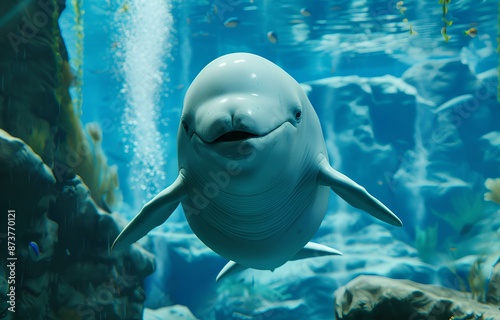 Close-up of a beluga whale swimming in an aquarium.