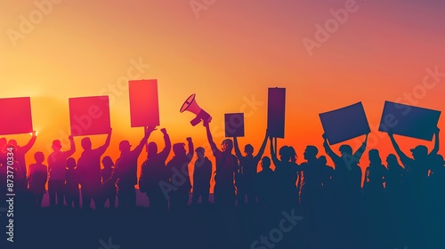 Vibrant sunset silhouette of a crowd with flags, symbolizing unity and protest