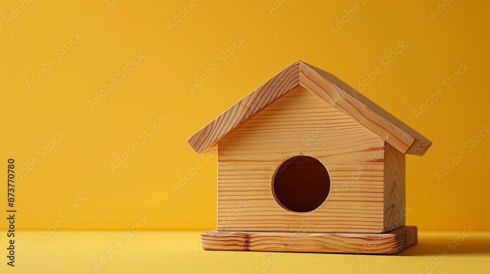 wooden house on yellow background. Real estate concept