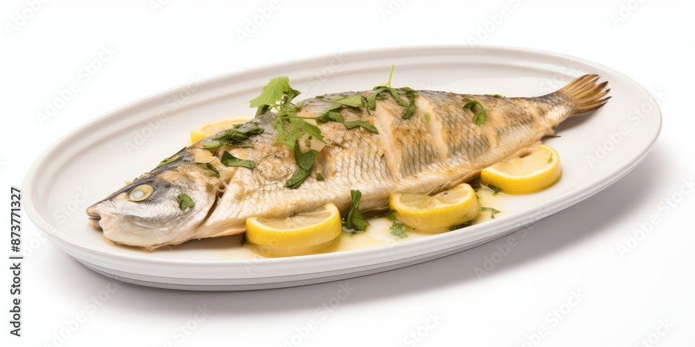 Grilled Fish on a Plate with Lemon and Herbs Grilled Fish on a Plate with Lemon and Herbs