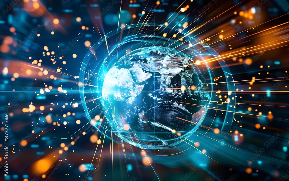 Digital world globe, concept of global network and connectivity on Earth, high speed data transfer and cyber technology, information exchange and international telecommunication Digital world globe, concept of global network and connectivity on Earth, high speed data transfer and cyber technology, information exchange and international telecommunication