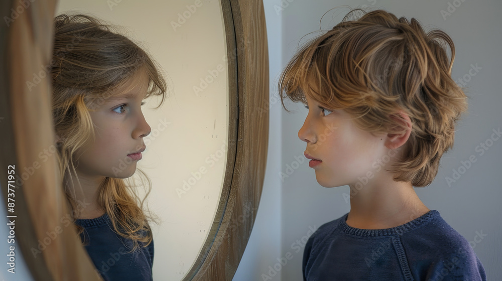 Kid gender identity concept image with a boy or girl child seeing reflection of the opposite gender in a mirror , underage transgender person Kid gender identity concept image with a boy or girl child seeing reflection of the opposite gender in a mirror , underage transgender person