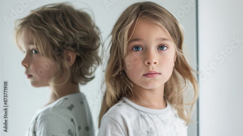 Kid gender identity concept image with a boy or girl child seeing reflection of the opposite gender in a mirror , underage transgender person photo