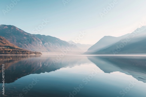 A smooth, mirror-like reflection of mountains on a tranquil lake, Generative AI