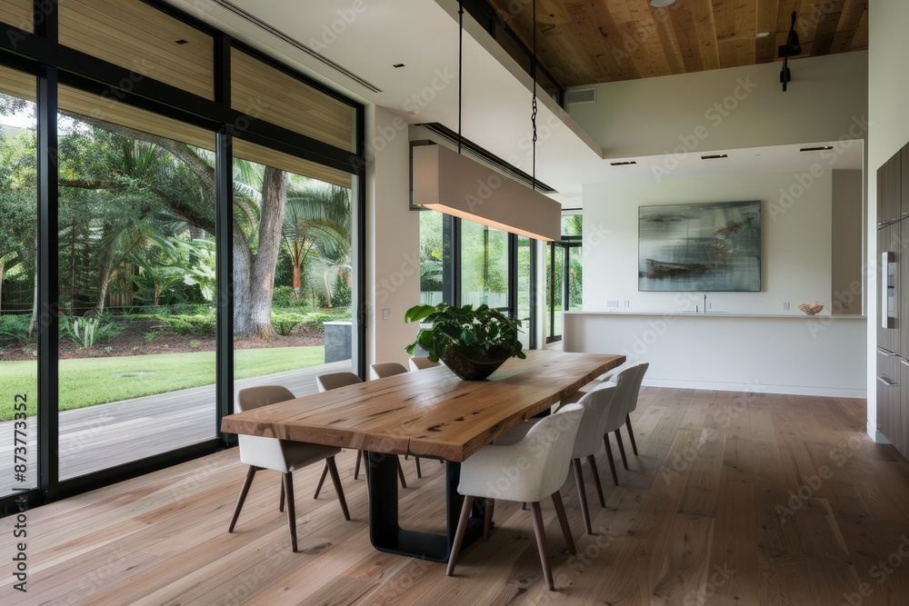 Fototapeta premium Serene Rustic Dining Room with Large Wooden Table, Modern Chairs, and Pendant Lighting, Infused with Natural Watercolor Tones