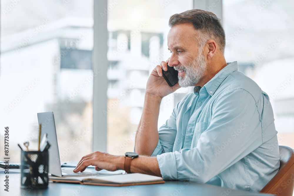 Fototapeta premium Senior man, phone call and typing on laptop in office, planning and business contact for proposal. Male person, talking and CEO for feedback on report, online and research for project management