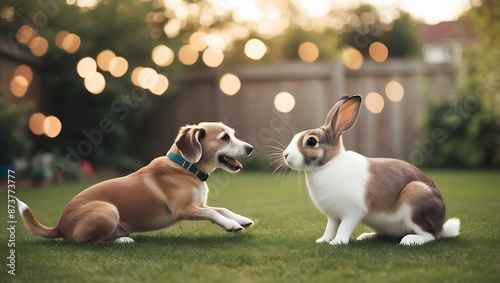 Cute dog and rabbit playing together in the garden at sunset. photo