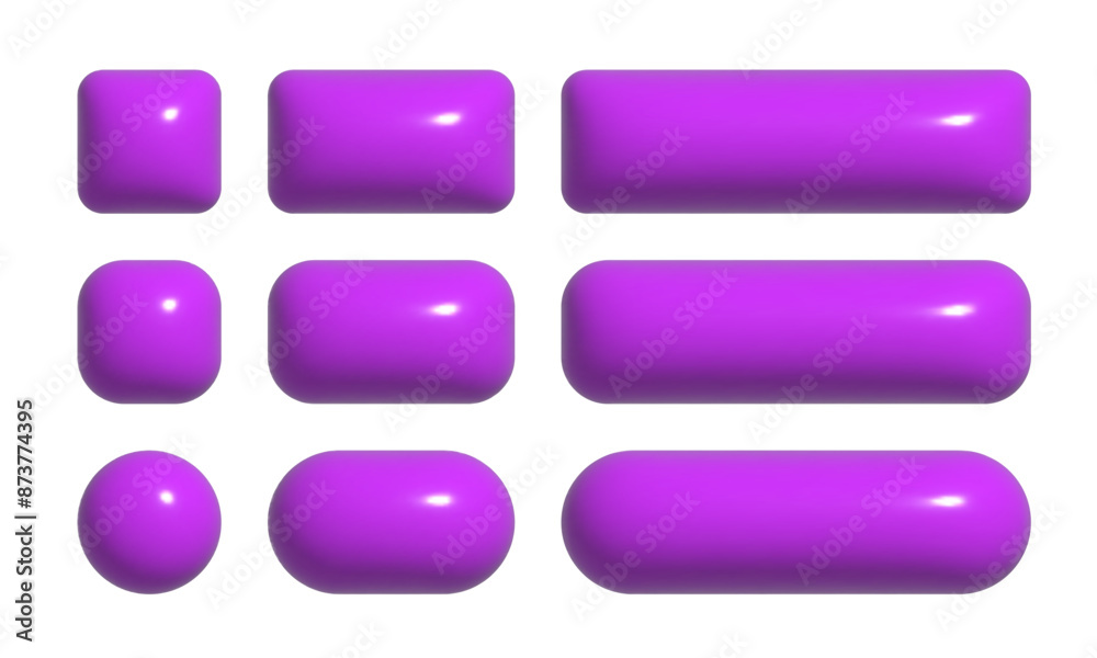 3d buttons collection for UI and UX design template. Purple realistic glossy squared and rounded badges. 3d buttons collection for UI and UX design template. Purple realistic glossy squared and rounded badges.